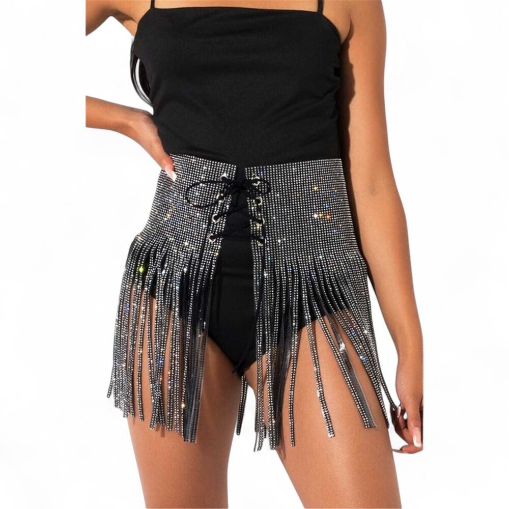 BNWT Lacing Rhinestone Statement Curtain Fringe Belt